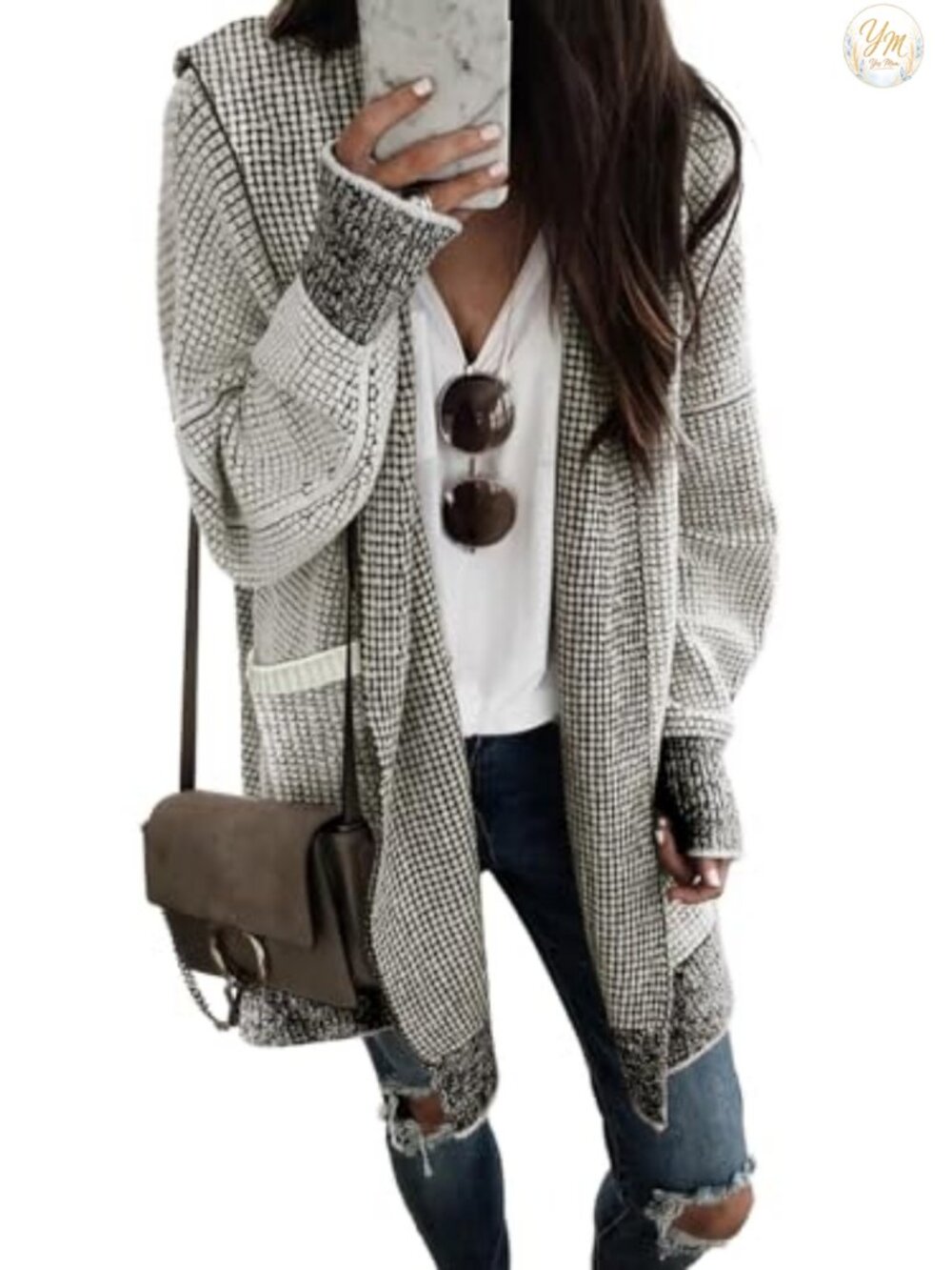 Oversized Hooded Plaid Cardigan for Women Open Front Long Sleeve